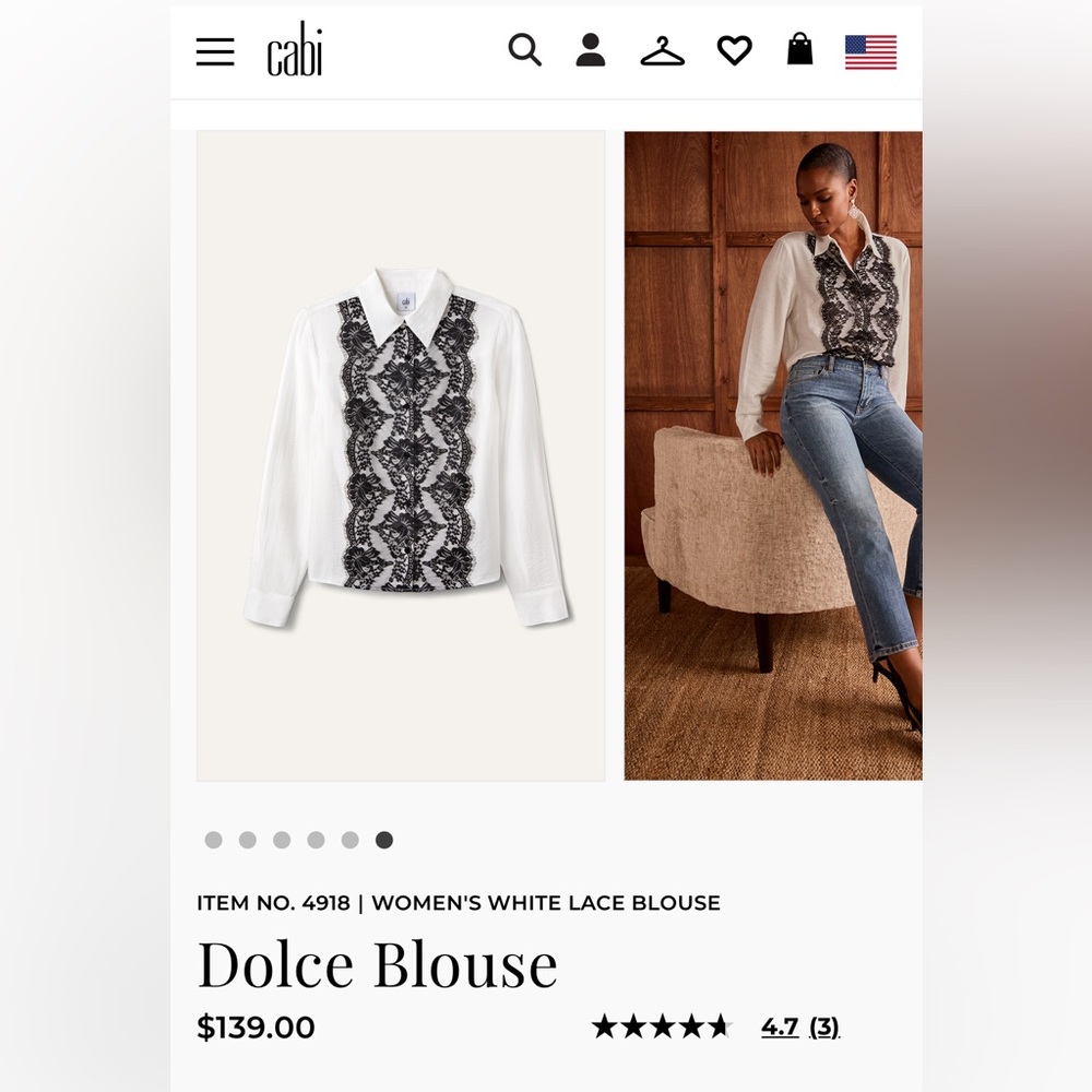 CAbi White Blouse with Black Lace Detail